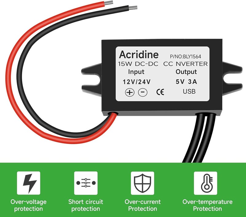 Acridine 12V 24V DC to 5V 3A USB Female DC Converter Adapter Buck Module - Image 4